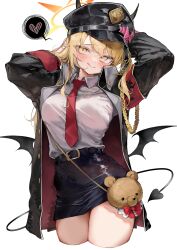  :q absurdres aged_up alternate_breast_size armband arms_behind_head arms_up belt black_belt black_hat black_jacket black_skirt blonde_hair blue_archive blush breasts coat collared_shirt demon_horns demon_wings dot_nose female halo hat hat_ornament heart highres horns ibuki_(blue_archive) jacket long_sleeves looking_at_viewer medium_breasts military_hat miniskirt naughty_face necktie open_clothes open_jacket pepq red_necktie shirt simple_background skirt speech_bubble spoken_heart tongue tongue_out white_background white_shirt wings yellow_eyes yellow_halo 