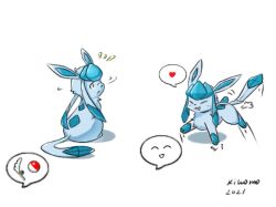  black_nose blue_body blue_fur blue_tail_tip dipstick_tail ears_up eeveelution fur generation_4_pokemon glaceon happy heart_symbol markings nintendo pokemon pokemon_(species) running sitting tail tail_markings toy turning_around xiwomo 