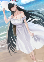  absurdres bare_shoulders barefoot beach black_hair blue_archive blush breasts cleavage collarbone dress female full_body hair_ornament hairclip halo hat highres large_breasts long_hair looking_at_viewer red_eyes rio_(blue_archive) shore solo sun_hat very_long_hair white_dress white_hat yamikyon 