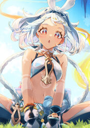  :o aqua_headband bare_shoulders blue_hair blue_hairband blue_sky blush braid breasts commentary day female genshin_impact grass hairband haruna_(hrnrnh) hawaiian_clothes highres light_blue_hair long_hair looking_at_viewer low_twin_braids mualani_(genshin_impact) navel on_grass on_ground open_mouth outdoors red_eyes sky solo symbol-only_commentary symbol-shaped_pupils tan tanlines twin_braids 