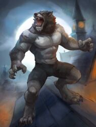  2024 abs anthro biceps blizzard_entertainment blue_eyes bottomwear building canid claws clothed clothing digitigrade fangs finger_claws fur grey_body grey_fur hi_res male mammal muscular muscular_anthro muscular_male notsophatmatt open_mouth outside pecs pinup pose quads rooftop scar sharp_teeth solo teeth toe_claws tongue topless triceps warcraft were werecanid worgen 