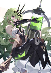  artist_name asc11 bare_shoulders black_dress black_gloves black_tiara breasts center_opening clothing_cutout dress elbow_gloves female gloves green_eyes highres holding holding_syringe honkai_(series) honkai_impact_3rd large_syringe long_hair looking_at_viewer mobius_(honkai_impact) oversized_object side_cutout slit_pupils small_breasts solo spikes syringe tiara tongue white_background 