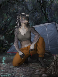  anthro bonfire claws clothing cracks digital_media_(artwork) female forest full-length_portrait fungus hair hi_res holding_object hyena jungle mammal mushroom night plant portrait rock scenery shirt solo tail techiesxc tent topwear tree 