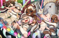  6+girls big_man_(splatoon) callie_(splatoon) crown dark-skinned_female dark_skin fangs frye_(splatoon) hug jewelry looking_at_viewer marie_(splatoon) marina_(splatoon) multiple_girls official_alternate_costume pearl_(splatoon) pokey shiver_(splatoon) splatoon_(series) splatoon_3 tongue tongue_out 