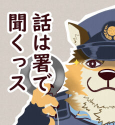  anthro barrel_(live_a_hero) blue_clothing blue_shirt blue_topwear cjk_character clothing cop_hat cuff_(restraint) fingerless_gloves fur gloves handcuffs handwear japanese_text lifewonders live_a_hero looking_at_viewer male meme metal_cuffs pinestrain police police_hat police_officer police_uniform police_vest restraints shirt simple_background solo text topwear uniform yellow_body yellow_fur 