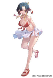  bikini black_hair blonde_hair breasts cleavage collarbone copyright_notice earrings female front-tie_bikini_top front-tie_top full_body greenapple hair_ornament heterochromia highres jewelry kannagi_loki large_breasts long_sidelocks multicolored_hair navel open_mouth phase_connect red_bikini red_eyes red_footwear red_hair sandals sarong solo swimsuit tassel tassel_hair_ornament virtual_youtuber white_sarong yellow_eyes 