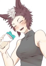  animal_ears bare_shoulders black_shirt blush bottle breasts brown_hair closed_eyes ear_ornament facing_viewer female highres holding holding_bottle horse_ears mejiro_ryan_(umamusume) multicolored_hair open_mouth shirt simple_background sleeveless sleeveless_shirt small_breasts smile solo sweat takenoko_(rakugaki_chou) two-tone_hair umamusume upper_body white_background 