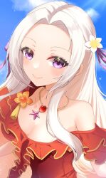  blue_sky blush breasts cleavage closed_mouth cloud commentary_request edelgard_von_hresvelg edelgard_von_hresvelg_(summer) ell_0314 female fire_emblem fire_emblem:_three_houses fire_emblem_heroes flower forehead hair_flower hair_ornament hair_ribbon highres jewelry long_hair looking_at_viewer medium_breasts necklace official_alternate_costume one-piece_swimsuit outdoors purple_eyes purple_ribbon red_one-piece_swimsuit ribbon sky smile solo sunlight swimsuit white_flower white_hair 