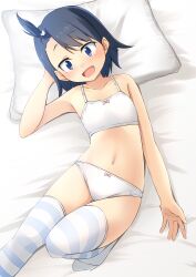  arm_behind_head bed_sheet blue_eyes blue_hair bow bow_panties bra collarbone commentary commission flat_chest from_above highres hodaka_natsumi houkago_teibou_nisshi looking_at_viewer lying navel oerba_yun_fang on_back open_mouth panties pillow pixiv_commission shibacha short_hair smile solo striped_clothes striped_thighhighs thighhighs training_bra underwear white_panties 