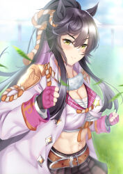  animal_ears belt black_hair blurry blurry_background breasts brown_belt cleavage clenched_hands closed_mouth collarbone commentary_request day ear_ornament ear_ribbon female fingerless_gloves fur-trimmed_jacket fur_trim gloves grass grey_background highres horse_ears horse_girl jacket large_breasts long_hair long_sleeves looking_at_viewer midriff narita_brian_(umamusume) navel open_clothes open_jacket outdoors pink_gloves pleated_skirt ponytail ribbon rope shimenawa sidelocks skirt smile solo tsukareme umamusume v-shaped_eyebrows very_long_hair white_jacket white_ribbon yellow_eyes 