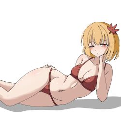  aki_shizuha bikini blonde_hair breasts cleavage collarbone commentary ehehe52921343 female hair_ornament highres korean_commentary leaf leaf_hair_ornament looking_at_viewer maple_leaf navel one_eye_closed orange_eyes red_bikini short_hair simple_background solo swimsuit touhou white_background 