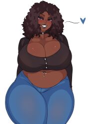  1girls african_female bbw belly big_breasts black_girl black_hair blue_eyes breasts chubby chubby_female cleavage dark-skinned_female dark_hair dark_skin demon_dog female huge_breasts jeans piercing piercings plump smile solo thick_thighs thighs 