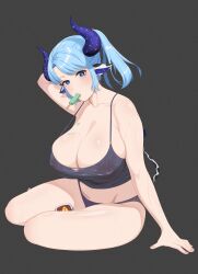  animal_ears arm_behind_head blue_eyes blue_hair breasts camisole collarbone cow_ears cow_girl cow_horns cow_tail dripping female food food_in_mouth grey_camisole highres horns indie_virtual_youtuber large_breasts miilkywayz mole mole_on_breast mole_under_eye panties pimm_(chiramegd) popsicle popsicle_in_mouth purple_panties solo sparkling_eyes strap_gap sweat tail thighs underwear virtual_youtuber 