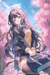  absurdres bag black_bag black_bow black_bowtie black_hair black_jacket black_skirt black_thighhighs bow bowtie breasts cherry_blossoms closed_mouth cloud collared_shirt copyright_notice eyelashes falling_petals female greenapple highres holding holding_bag jacket long_hair long_sleeves official_art open_clothes open_jacket original petals plaid_clothes plaid_skirt purple_eyes school_uniform shirt skirt sky smile solo sun sweater thighhighs thighs white_shirt yellow_sweater zettai_ryouiki 