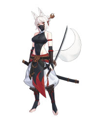  animal_ear_fluff armlet baggy_pants bare_shoulders bridal_gauntlets collarbone covered_navel covered_nipples english_commentary feet female fire_hair_ornament flame_print fox_girl fox_tail gold_ring hair_bun hair_ornament highres hip_vent holding holding_sword holding_weapon jewelry katana knee_pads kunai loincloth long_bangs looking_at_viewer mask mouth_mask ninja orange_eyes original pants podoherb red_rope rope scabbard sheath solo sword sword_tassle tail tassel tiptoes toe_ring toeless_legwear tool_belt weapon white_hair 