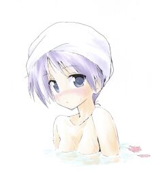  bathing blue_eyes blush breasts closed_mouth collarbone commentary female highres hiiragi_kagami looking_at_viewer lucky_star nude parted_bangs partially_submerged purple_hair shiki_59 short_hair simple_background solo symbol-only_commentary towel towel_on_head upper_body wet wet_face white_background 