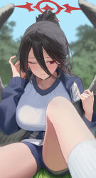  absurdres black_hair black_wings blue_archive blue_jacket blue_shorts commentary_request feathered_wings female gym_shirt gym_shorts hair_between_eyes halo hasumi_(blue_archive) hasumi_(track)_(blue_archive) highres jacket jinsei_tsuraiman knee_up long_hair_between_eyes long_sleeves looking_to_the_side low_wings mole mole_under_eye on_grass one_eye_closed outdoors ponytail red_eyes red_halo shirt short_shorts shorts socks solo thighs white_shirt white_socks wings 