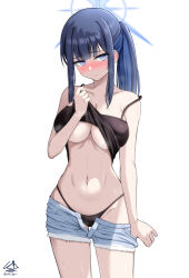  bikini black_bikini blue_archive blue_eyes blue_hair blue_halo blush breasts clothes_lift clothes_pull collarbone denim denim_shorts facing_viewer female halo looking_to_the_side medium_breasts navel ponytail saori_(blue_archive) shigure_ryuunosuke shirt_lift short_shorts shorts shorts_pull simple_background solo swimsuit white_background 