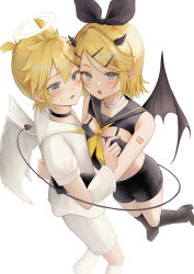  1boy @_@ absurdres ahoge angel_wings aqua_eyes arm_tattoo bare_shoulders black_bow black_choker black_footwear black_horns black_shirt black_shorts black_tail black_wings blonde_hair blush bow breast_press choker commentary_request demon_horns demon_tail female from_above hair_between_eyes hair_ornament hairbow hairpin halo high_ponytail highres hisui_ame horns hug kagamine_len kagamine_rin leg_warmers looking_at_viewer multiple_hairpins neckerchief number_tattoo open_mouth sailor_collar shirt shoes short_hair short_ponytail shorts simple_background sleeveless sleeveless_shirt sweatdrop tail tattoo vocaloid white_background white_choker white_leg_warmers white_shirt white_shorts white_wings wings yellow_neckerchief 