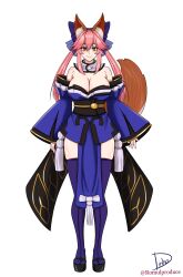  absurdres animal_ear_fluff animal_ears blue_bow blue_kimono blue_thighhighs bow breasts detached_sleeves fate/extra fate/grand_order fate_(series) female fox_ears fox_girl fox_tail full_body hair_between_eyes hairbow highres japanese_clothes kimono large_breasts long_hair obi pelvic_curtain pink_hair romulproduce sash short_kimono smile solo split_ponytail standing tail tamamo_(fate) tamamo_no_mae_(fate/extra) thighhighs very_long_hair yellow_eyes 