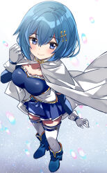  arm_at_side blue_eyes blue_footwear blue_hair blue_skirt blush boots breasts cape closed_mouth female full_body gloves gradient_background hair_between_eyes hair_ornament hairclip highres looking_at_viewer magical_girl mahou_shoujo_madoka_magica mahou_shoujo_madoka_magica_(anime) medium_breasts miki_sayaka miniskirt musical_note musical_note_hair_ornament pleated_skirt short_hair simple_background skirt smile solo soul_gem standing thighhighs urabanasimati white_background white_cape white_gloves white_thighhighs zettai_ryouiki 