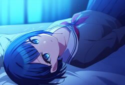  bed blue_eyes blue_hair blurry blurry_background breasts collarbone female kiritani_haruka long_sleeves looking_at_viewer looking_up lying miyamasuzaka_girls&#039;_academy_school_uniform momina_sonotamechikashi more_more_jump!_(project_sekai) on_back project_sekai sailor_collar school_uniform short_hair skirt solo 