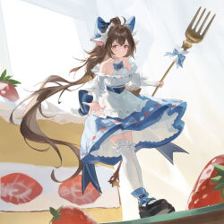  absurdres animal_ears arknights bare_shoulders black_footwear blue_bow blue_bowtie blue_skirt bow bowtie brown_hair cake chinese_commentary closed_mouth collarbone commentary cream curled_horns day eyjafjalla_(arknights) eyjafjalla_the_hvit_aska_(a_picnic_before_a_long_trip)_(arknights) eyjafjalla_the_hvit_aska_(arknights) female food footwear_bow fork frills fruit full_body glint hairbow highres holding holding_fork horns long_hair looking_at_viewer mini_person minigirl newnand off_shoulder official_alternate_costume petticoat pink_eyes reaching reaching_towards_viewer shirt shoe_soles shoes skirt smile solo standing strawberry strawberry_cake sunlight thighhighs very_long_hair white_horns white_shirt white_thighhighs 