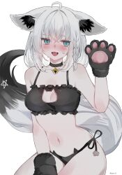  alternate_costume animal_ears animal_hands aqua_eyes bell black_bra black_panties blush bra braid breasts cat_cutout choker cleavage cleavage_cutout clothing_cutout female fox_ears fox_girl fox_tail gloves highres hololive long_hair mofumin navel neck_bell open_mouth panties paw_gloves shirakami_fubuki side_braid simple_background solo stomach sweat sweatdrop tail underwear virtual_youtuber white_background white_hair 