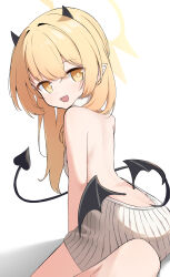  absurdres backless_outfit bare_legs barefoot black_horns black_tail blonde_hair blue_archive brown_sweater demon_girl demon_horns demon_tail female halo highres horns ibuki_(blue_archive) long_hair looking_at_viewer moepu. solo sweater tail yellow_eyes yellow_halo 