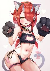  animal_ear_fluff animal_ears animal_hands bare_shoulders bell black_bra black_choker black_panties blush bow bow_panties bra breasts bridal_garter cat_cutout cat_ear_panties cat_ears cat_lingerie cat_paws cat_tail choker claw_pose cleavage_cutout clothing_cutout commentary_request fangs female frilled_bra frills gloves hair_over_one_eye hands_up highres hoozuki_warabe horns jingle_bell kajimakoto looking_at_viewer meme_attire navel noripro one_eye_covered open_mouth panties paw_gloves pointy_ears red_hair short_hair_with_long_locks side-tie_panties small_breasts solo stomach tail tail_bow tail_ornament underwear underwear_only virtual_youtuber yellow_eyes 