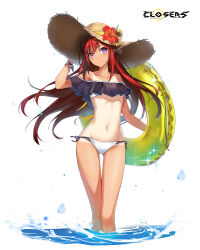  alternate_hair_color ass_visible_through_thighs bai_winchester bare_shoulders bikini closers collarbone copyright_name female floating_hair flower groin hair_between_eyes hand_on_headwear hat hat_flower hat_ribbon heterochromia hibiscus highres holding innertube logo long_hair looking_at_viewer navel off_shoulder official_art one-piece_tan pink_eyes purple_eyes red_flower red_hair ribbon side-tie_bikini_bottom simple_background solo standing stomach straw_hat string_bikini sun_hat sunflower swim_ring swimsuit tan tanlines thighs variant_set very_long_hair wading water white_background white_bikini wrist_ribbon yellow_innertube yellow_ribbon 