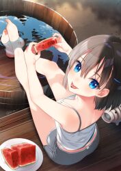  :p barefoot black_hair blue_eyes breasts cleavage female food from_above from_behind fruit grey_shorts hair_between_eyes koruri looking_at_viewer mosquito_coil original short_hair short_shorts shorts small_breasts solo tank_top tongue tongue_out veranda watermelon watermelon_seeds watermelon_slice 