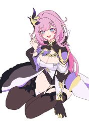  arin_(1010_ssu) black_cape black_footwear black_gloves black_shorts blue_hair boots breasts cape cleavage commentary_request corset elf elysia_(honkai_impact) elysia_(miss_pink_elf)_(honkai_impact) female gloves hair_ornament high_heel_boots high_heels honkai_(series) honkai_impact_3rd large_breasts long_hair looking_at_viewer open_mouth pink_hair pointy_ears seiza shorts simple_background single_glove sitting smile thighhighs white_background white_corset 