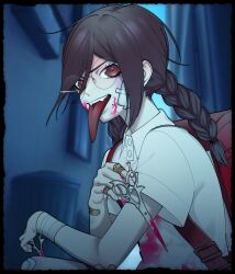  backpack bag bandaged_arm bandages black_border blood border braid danganronpa:_trigger_happy_havoc danganronpa_(series) fangs female fukawa_toko glasses hair_between_eyes highres holding holding_scissors ling_yun_(amadare0803) long_hair long_tongue mole mole_under_mouth pink_blood red_eyes round_eyewear scissors shirt short_sleeves smile solo teeth tongue tongue_out twin_braids twintails upper_teeth_only white_shirt 