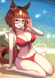  :p animal_ears bare_legs barefoot bikini breasts brown_hair cleavage closed_mouth commentary_request commission ear_ribbon female glasses halterneck highres horse_ears horse_girl large_breasts navel red-framed_eyewear red_bikini red_eyes red_ribbon ribbon short_hair sitting skeb_commission solo string_bikini swimsuit textless_version thank_you thighs tongue tongue_out transcend_(umamusume) umamusume yuutopia 