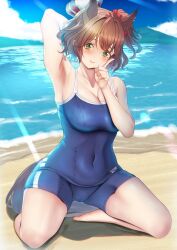  animal_ears arm_behind_head arm_up armpits aston_machan_(umamusume) bare_shoulders barefoot beach blue_one-piece_swimsuit blush breasts cleavage closed_mouth commentary_request competition_school_swimsuit covered_navel crown ear_ornament female green_eyes highres horse_ears horse_girl horse_tail kneeling large_breasts medium_hair ocean on_ground one-piece_swimsuit outdoors red_scrunchie sand school_swimsuit scrunchie side_ponytail smile solo sweat swimsuit tail tracen_swimsuit tsukareme umamusume water 