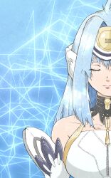  bare_shoulders blue_hair breasts closed_eyes closed_mouth commentary_request female forehead_protector highres kos-mos large_breasts long_hair out_of_frame riicoshibuya solo xenosaga 