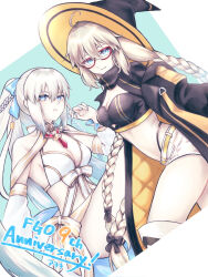  2girls aesc_(exhibition_attire)_(fate) aesc_(fate) aesc_(rain_witch)_(fate) ahoge aoaoblue_8 bikini black_coat blonde_hair blue_eyes blue_nails boots braid breasts cleavage coat crop_top detached_sleeves fate/grand_order fate_(series) hair_ribbon hand_up hat highres long_hair looking_at_viewer morgan_le_fay_(fate) morgan_le_fay_(water_princess)_(fate) multiple_girls ponytail red-framed_eyewear ribbon short_shorts shorts sidelocks smile swimsuit thigh_boots twin_braids white_bikini white_hair white_shorts witch_hat 