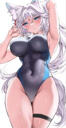  alternate_costume animal_ear_fluff animal_ears arm_behind_head armpits blue_eyes blue_one-piece_swimsuit blush breasts closed_mouth commentary_request covered_navel cowboy_shot feixiao_(honkai:_star_rail) female forehead_jewel fox_ears fox_girl groin hand_up highres honkai:_star_rail honkai_(series) large_breasts long_hair looking_at_viewer one-piece_swimsuit parted_bangs presenting_armpit shibenc16e4 sidelocks simple_background solo swimsuit thigh_strap very_long_hair white_background white_hair 