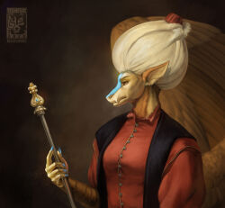  ambiguous_gender anthro clothed clothing digital_media_(artwork) dragon hat headgear headwear hi_res holding_object hybrid kavuk mythological_creature mythological_scalie mythology painting_(artwork) portrait scalie solo staff sultan techiesxc wings 