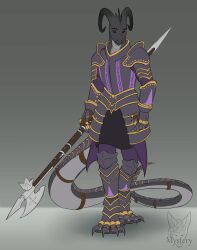  absurd_res anthro armor halberd hi_res knight kobold long_tail male melee_weapon mystery_(artist) polearm scalie simple_background solo standing tail warrior weapon 