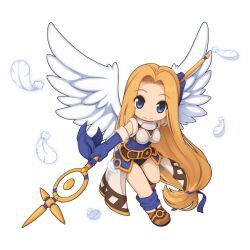  blue_eyes blue_gloves blue_shirt blue_socks blush boobplate brown_footwear brown_skirt chibi chibi_only closed_mouth elbow_gloves female full_body gloves gold_trim grey_skirt holding holding_polearm holding_weapon level_up_angel long_hair looking_at_viewer low-tied_long_hair official_art parted_bangs polearm ragnarok_online shirt shoes showgirl_skirt simple_background skirt sleeveless sleeveless_shirt smile socks solo spear transparent_background two-tone_skirt very_long_hair weapon weapon_behind_back white_wings wings yuichirou 