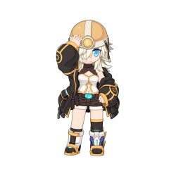  armored_boots black_footwear black_jacket blue_eyes boots breasts brown_shirt brown_shorts chibi chibi_only cleavage_cutout closed_mouth clothing_cutout female full_body gold_trim grey_hair hair_between_eyes hair_over_one_eye hand_on_headwear hard_hat helmet jacket long_bangs long_hair looking_at_viewer maura_(ragnarok_online) meister_(ragnarok_online) navel navel_cutout official_art open_clothes open_jacket ragnarok_online shirt short_shorts shorts simple_background sleeveless sleeveless_shirt small_breasts smile solo transparent_background two-tone_shirt white_shirt yuichirou 