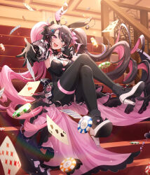  animal_ears black_eyes black_gloves black_hair bow bowtie breasts card casino commentary female gloves gouhou_batsuko indie_virtual_youtuber long_hair looking_at_viewer mikami_nacaba pink_eyes pink_hair playboy_bunny rabbit_ears sitting sitting_on_stairs stairs very_long_hair virtual_youtuber 