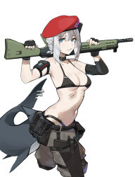  absurdres battle_rifle beret bikini bikini_top_only black_bikini black_collar black_gloves blue_eyes breasts cleavage collar commission coteri cropped_legs english_commentary female fingerless_gloves fins fish_tail gills gloves gun h&amp;k_g3 handgun hat highleg highleg_panties highres holding holding_gun holding_weapon holster holstered looking_at_viewer original panties pants parted_lips pouch red_hat rifle second-party_source shark_girl shark_tail short_hair sidelocks simple_background solo swimsuit tail thigh_holster underwear weapon white_background white_hair 