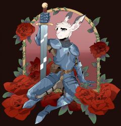  2024 anthro biped black_body black_eyes black_fur flower fur hi_res hyenamancer knight lagomorph leporid looking_up male mammal plant rabbit rose_(flower) slim_anthro slim_male solo warrior 