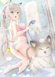  :o akino_ell animal animal_ear_fluff animal_ears ass barefoot bathroom black_ribbon blue_eyes breasts camisole cat_ears cat_tail feet feline female grey_hair hair_ornament hair_ribbon hairclip heart heart_hair_ornament highres holding holding_shower_head holding_sponge large_breasts long_hair original panties pink_camisole ponytail ribbon shower_head soles solo spaghetti_strap sponge sweatdrop tail underwear white_panties 