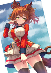  animal_ears aston_machan_(umamusume) black_bow black_bowtie black_thighhighs blue_sky bow bowtie breasts brown_hair buttons cloud cloudy_sky commentary_request cowboy_shot crown double-breasted female green_eyes hair_between_eyes highres horse_ears horse_girl horse_tail large_breasts long_sleeves looking_at_viewer mini_crown outdoors sky smile solo tail thighhighs tilted_headwear umamusume yuutopia 