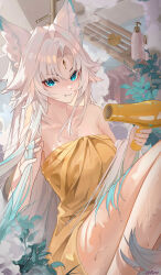  absurdres ai_dongdong animal_ear_fluff animal_ears aqua_eyes bathtub blush breasts cleavage closed_mouth collarbone commentary feet_out_of_frame feixiao_(honkai:_star_rail) female forehead_jewel fox_ears fox_girl gradient_hair green_hair hair_dryer hair_intakes highres holding holding_hair_dryer honkai:_star_rail honkai_(series) indoors large_breasts long_hair looking_at_viewer multicolored_hair parted_bangs parted_hair rubber_duck sidelocks solo towel very_long_hair wet white_hair 