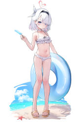  absurdres alternate_costume alternate_hairstyle bikini black_hairband blue_archive blue_eyes blush braid breasts choker closed_mouth colored_inner_hair commentary english_commentary feet female food frilled_bikini frills full_body grey_hair hair_ribbon hairband halo halterneck heart heart_halo highres holding holding_food holding_popsicle innertube looking_at_viewer multicolored_hair navel pink_hair plana_(blue_archive) popsicle red_halo ribbon sandals short_hair single_braid small_breasts solo somray standing starfish swim_ring swimsuit toes two-tone_hair white_bikini white_choker white_ribbon 